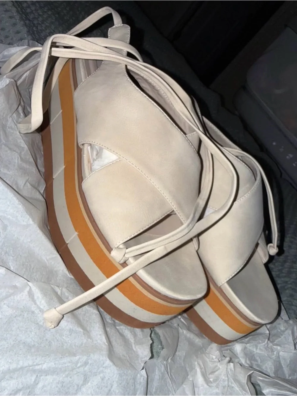 Steve Madden Cream Lace-Up Platform Sandals with Orange and Brown Striped Sole